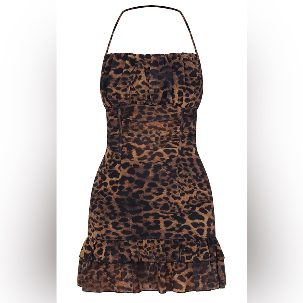 NWOT Leopard Print Woven Halterneck Frill Hem Bodycon Dress